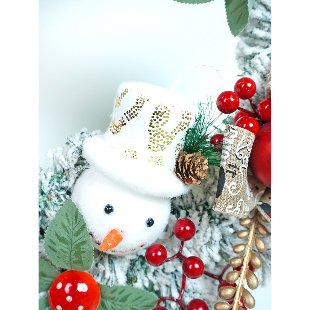 17 inches White Bushy Christmas Wreath with Snowman Berries & Jute accents Christmas Wall and Door Décor