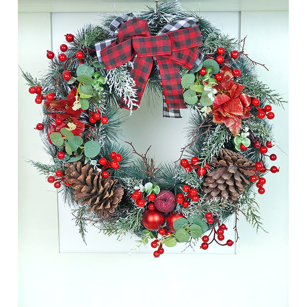 20 inches Big Red & Black Checkered Bow Bushy Christmas wreath filled with berries and fillers for christmas Décor