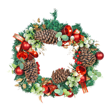 21 inches Dark Green Wooden Pinecone, Bells & heavy fillers Artificial Christmas wreath for Door, Wall  & Christmas Décor