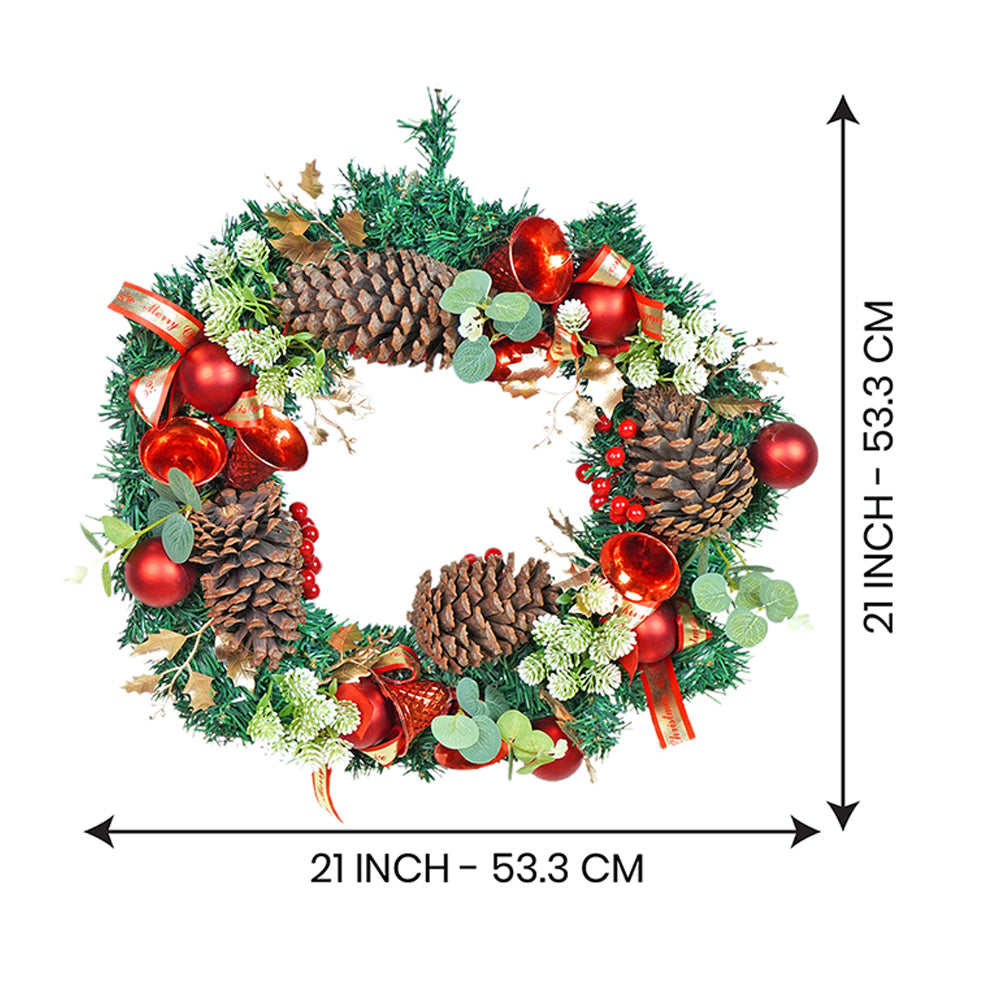 21 inches Dark Green Wooden Pinecone Bells & heavy fillers Artificial Christmas wreath for Door Wall & Christmas Décor