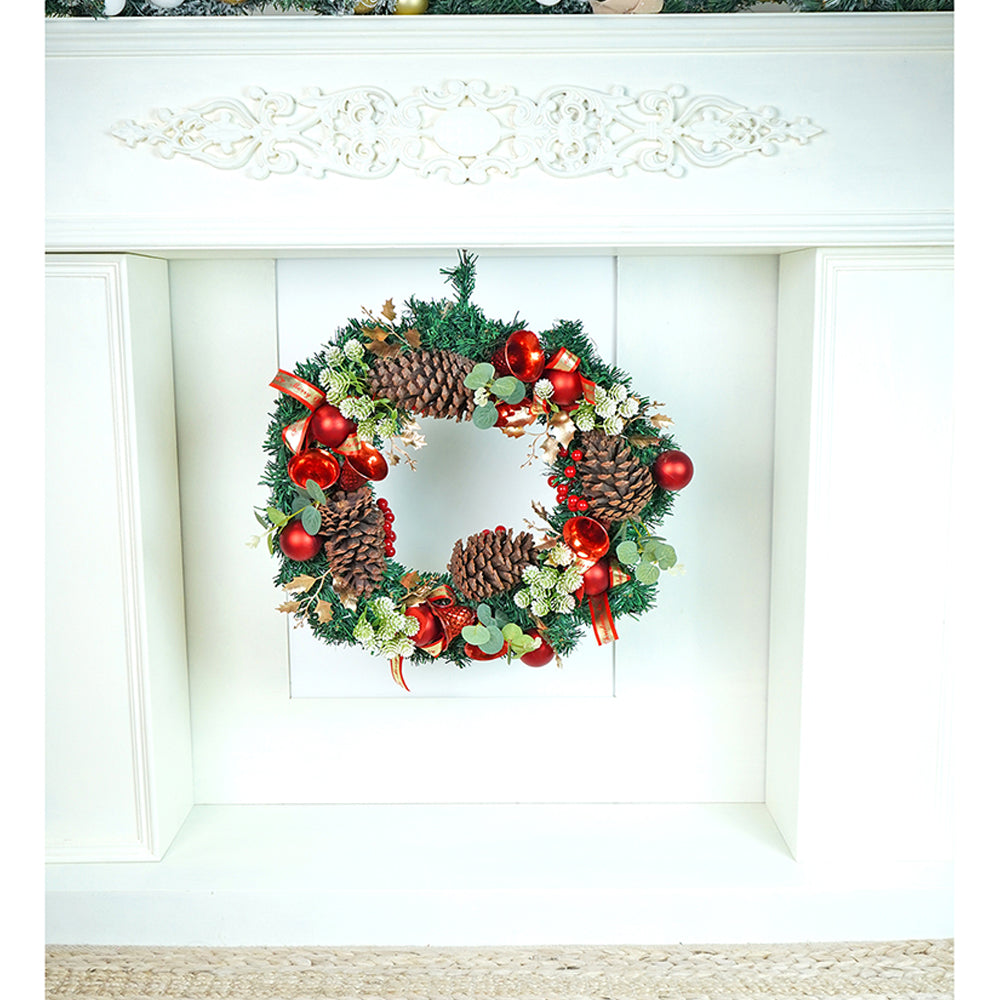 21 inches Dark Green Wooden Pinecone Bells & heavy fillers Artificial Christmas wreath for Door Wall & Christmas Décor