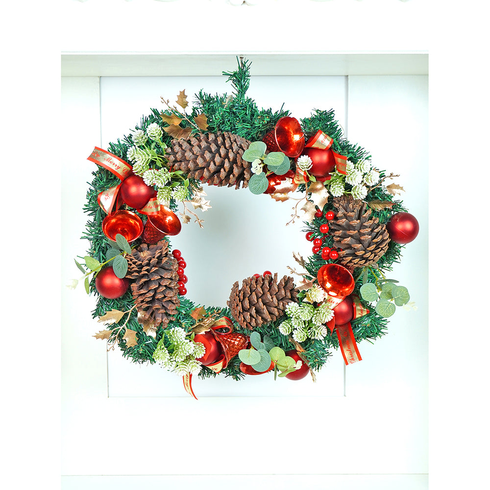 21 inches Dark Green Wooden Pinecone, Bells & heavy fillers Artificial Christmas wreath for Door, Wall  & Christmas Décor