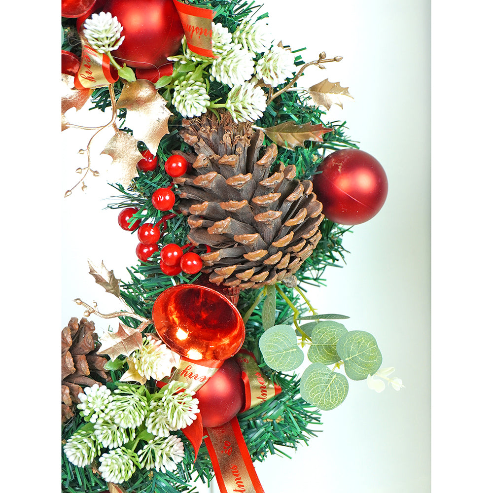 21 inches Dark Green Wooden Pinecone Bells & heavy fillers Artificial Christmas wreath for Door Wall & Christmas Décor