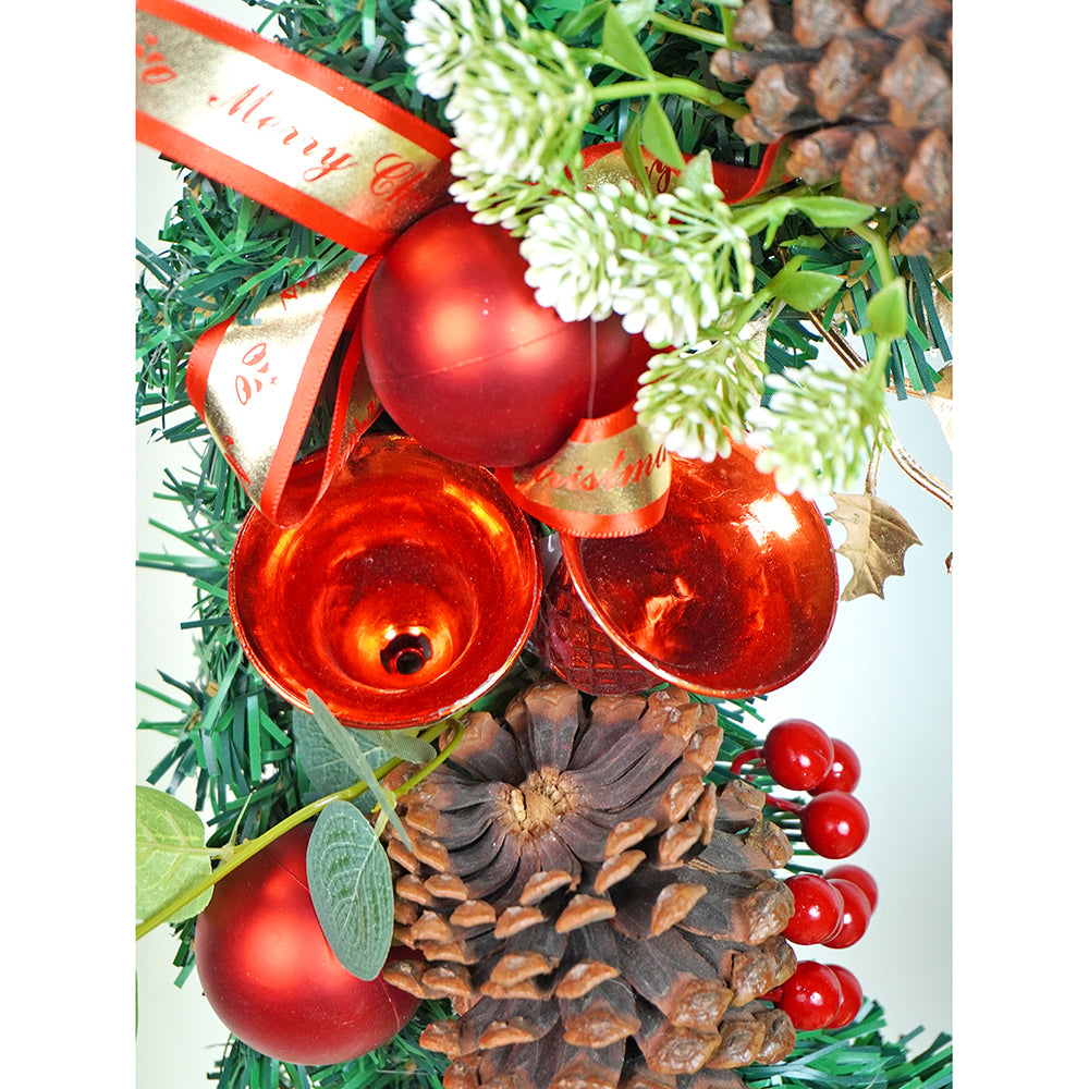 21 inches Dark Green Wooden Pinecone Bells & heavy fillers Artificial Christmas wreath for Door Wall & Christmas Décor