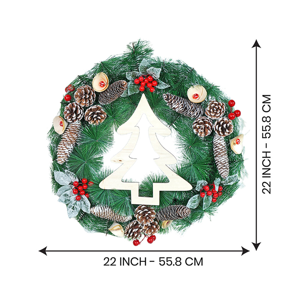 22 inches Bushy Frosty MDF tree with Pinecones berries & Mushroom Buds Christmas wreath and Christmas Décor