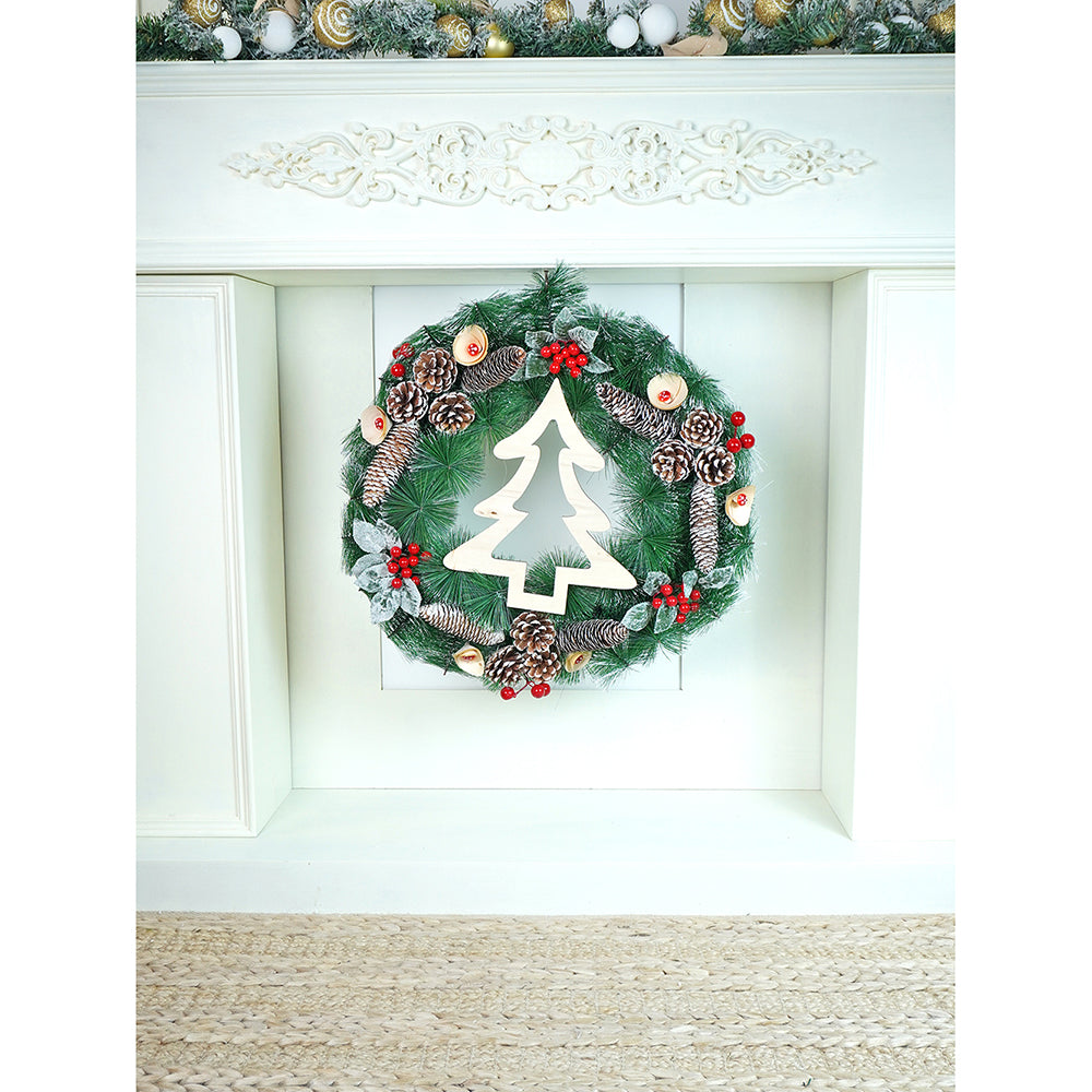 22 inches Bushy Frosty MDF tree with Pinecones, berries & Mushroom Buds Christmas wreath and Christmas Décor