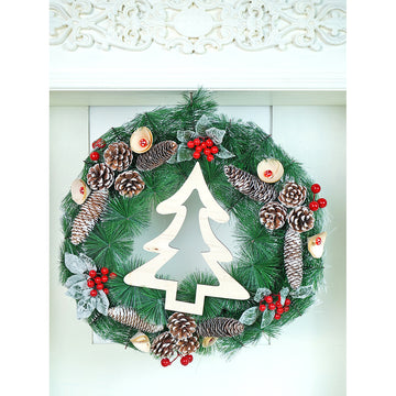 22 inches Bushy Frosty MDF tree with Pinecones berries & Mushroom Buds Christmas wreath and Christmas Décor