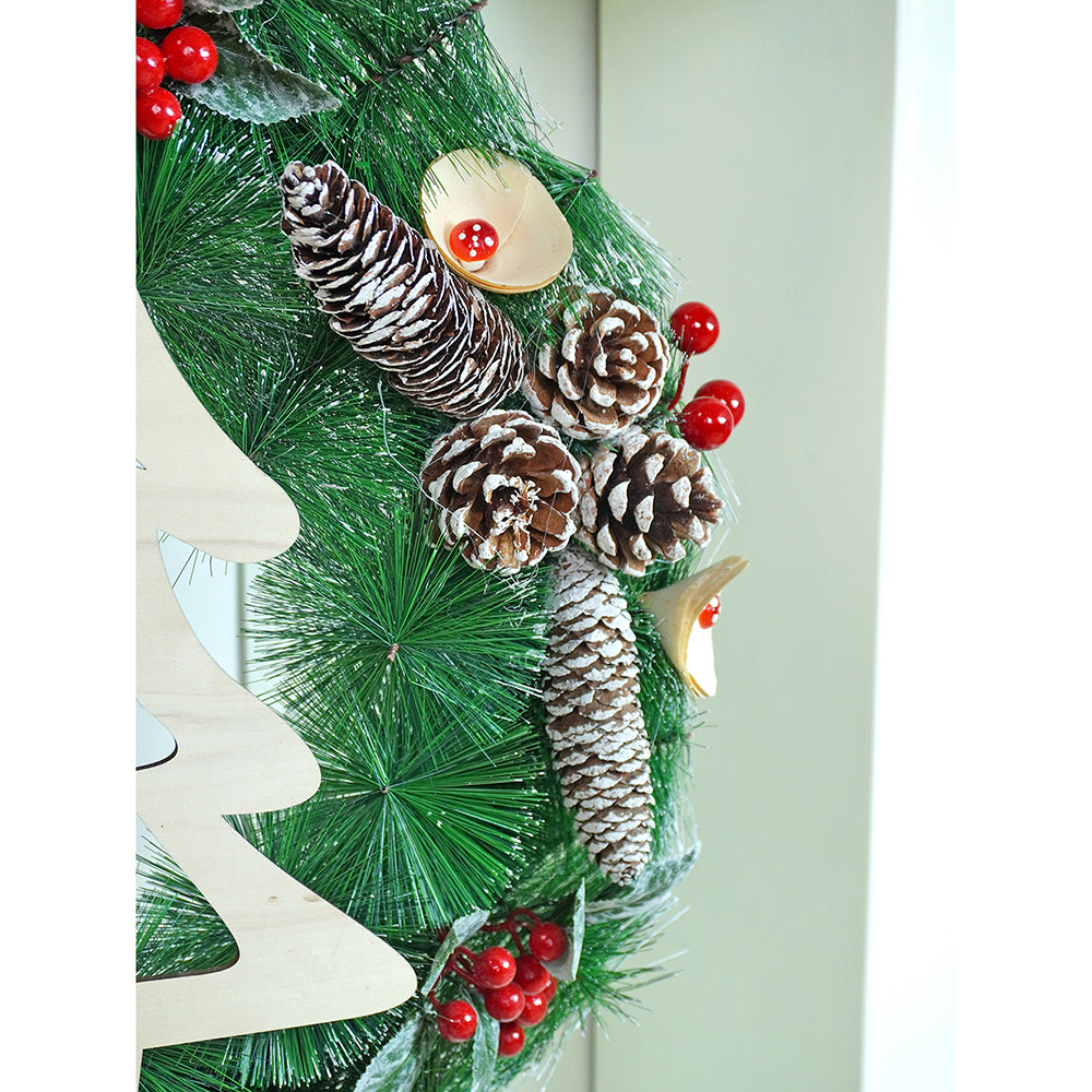 22 inches Bushy Frosty MDF tree with Pinecones berries & Mushroom Buds Christmas wreath and Christmas Décor