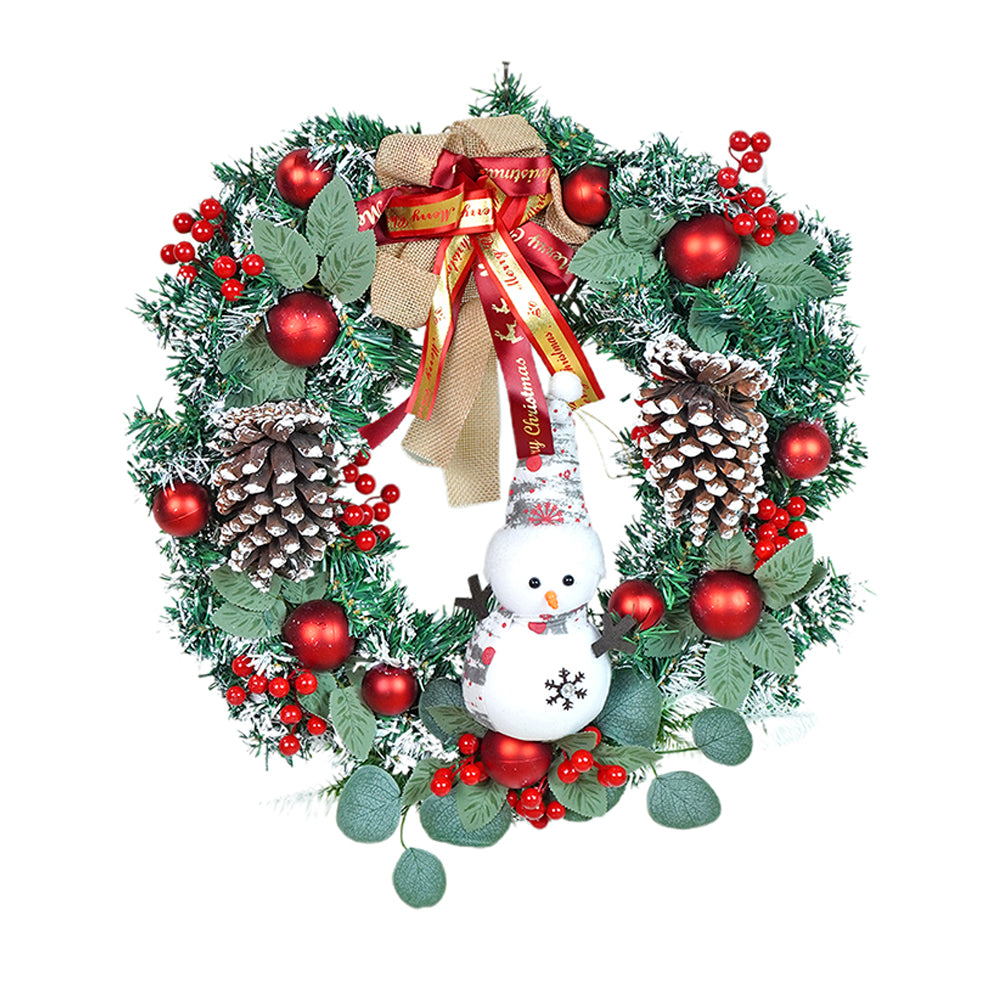 22 inches Bushy Frosty Big Red Gold Bow, Snowman with heavy fillers Artificial Christmas wreath for Christmas Décor