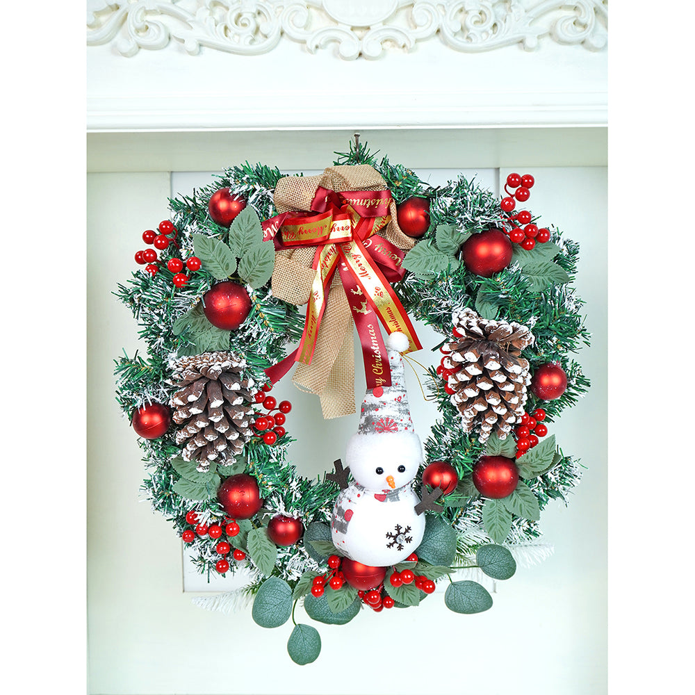 22 inches Bushy Frosty Big Red Gold Bow Snowman with heavy fillers Artificial Christmas wreath for Christmas Décor