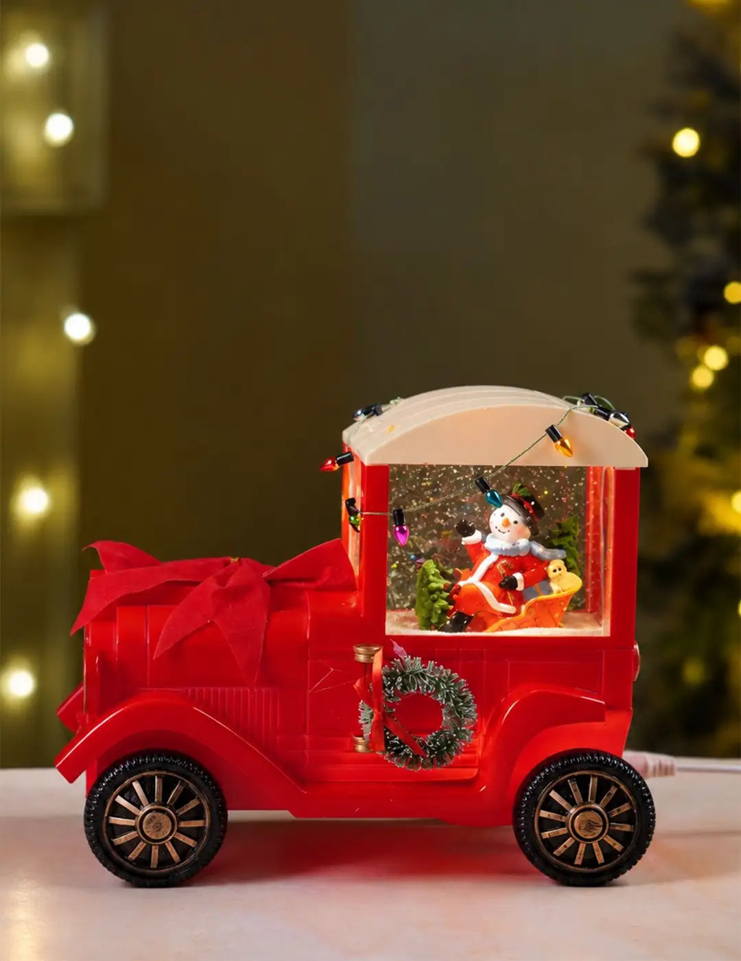 Snowman Express Red Bow Truck, with Musical Glitter Water & Lights, Christmas Home Décor