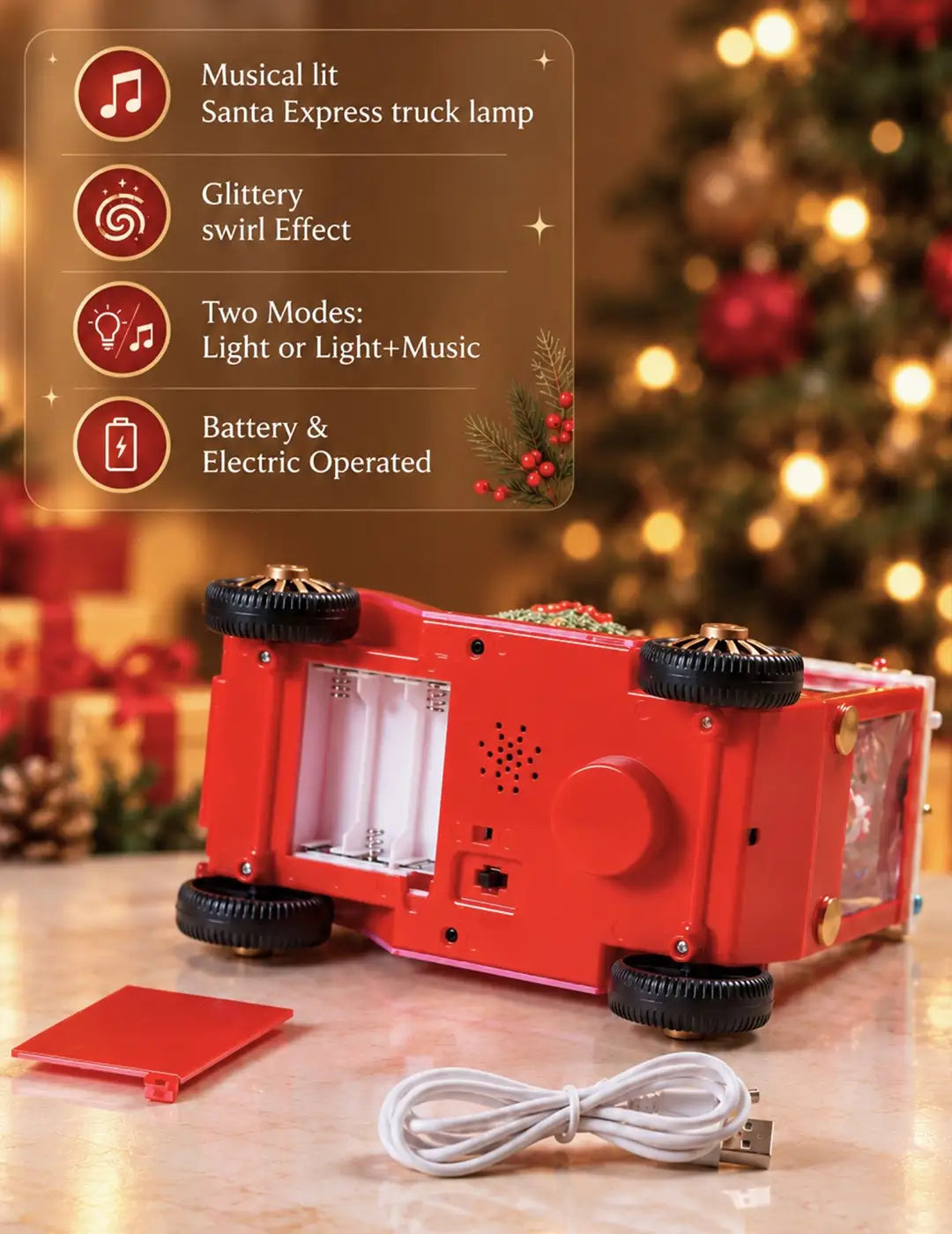 Snowman Express Red Bow Truck, with Musical Glitter Water & Lights, Christmas Home Décor