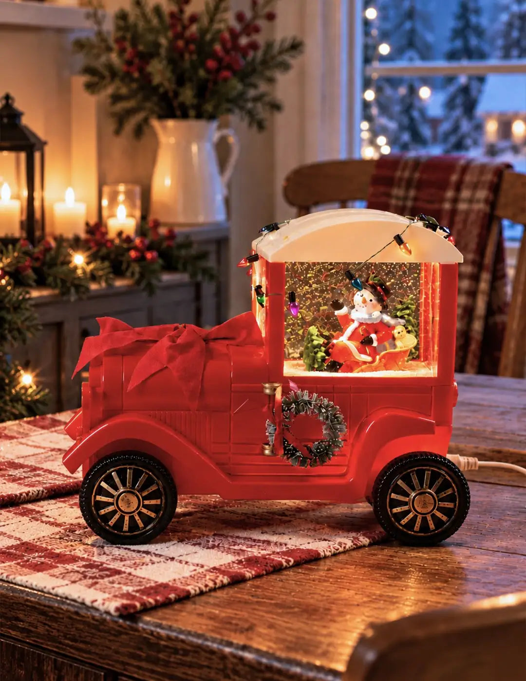Snowman Express Red Bow Truck, with Musical Glitter Water & Lights, Christmas Home Décor