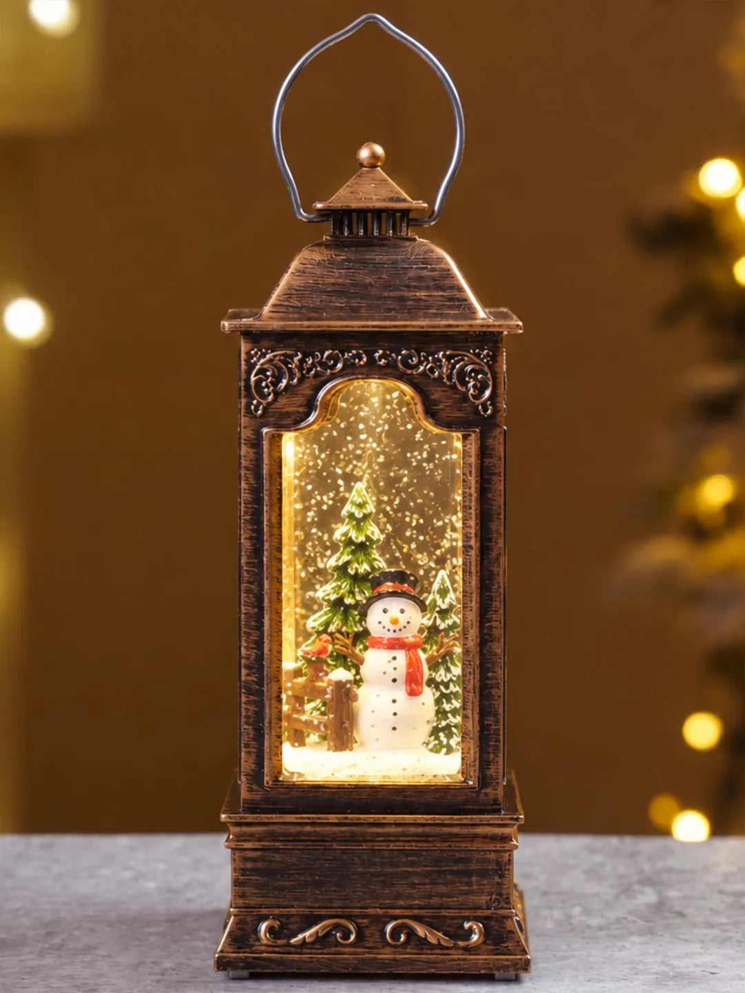 Snowman Antique Lantern with Musical Glitter Water and Lights, Christmas Home Décor