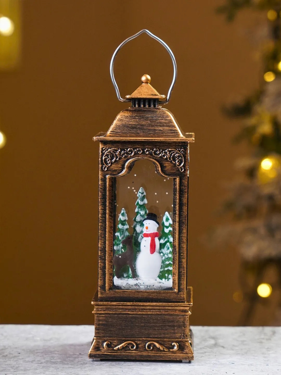 Snowman Antique Lantern with Musical Glitter Water and Lights, Christmas Home Décor
