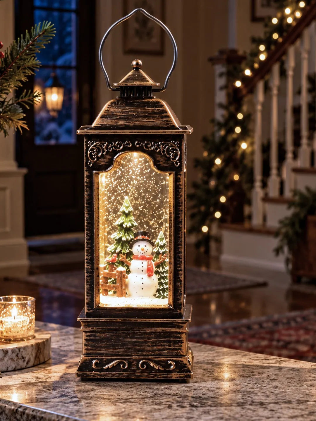 Snowman Antique Lantern with Musical Glitter Water and Lights, Christmas Home Décor