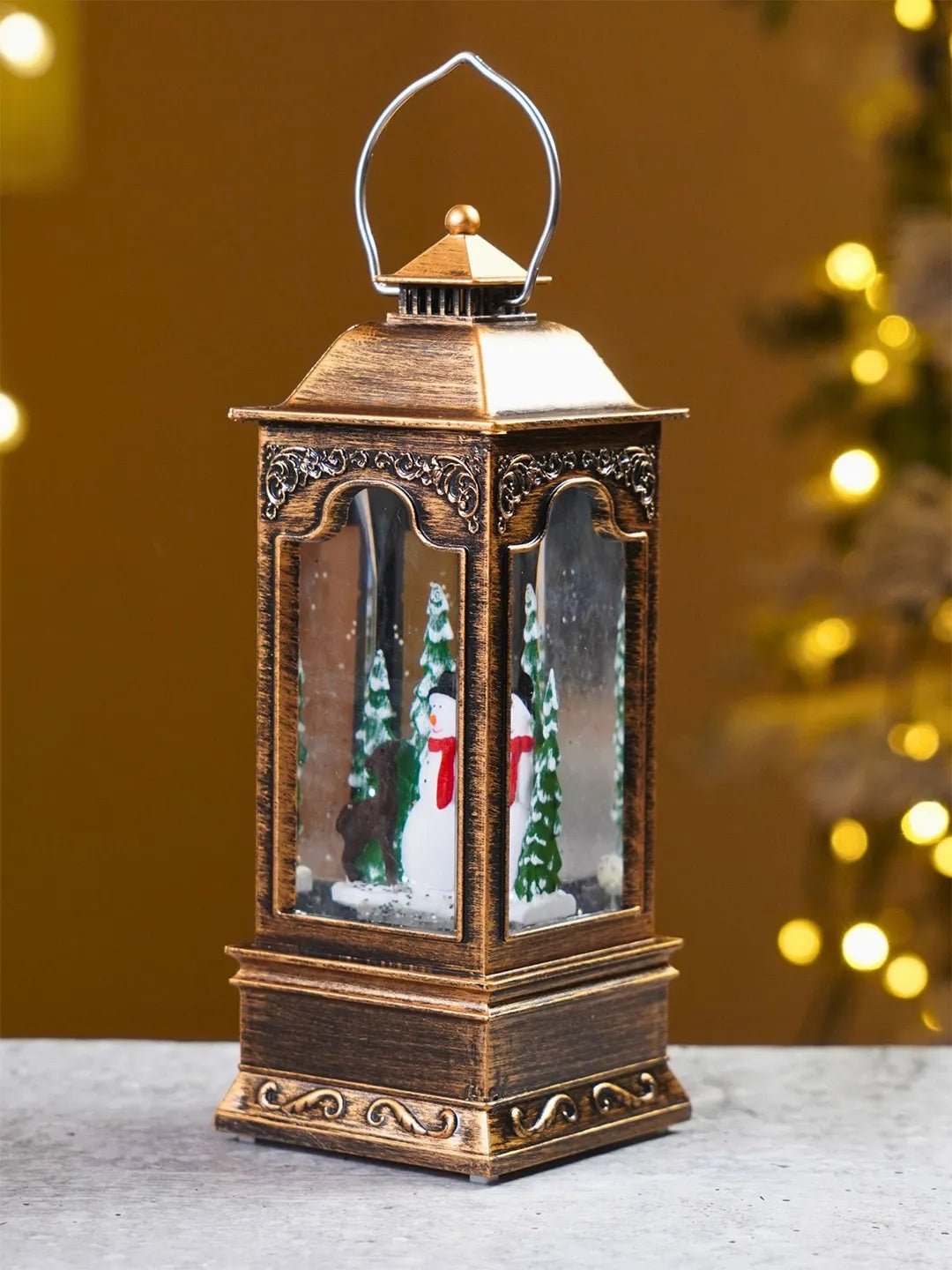 Snowman Antique Lantern with Musical Glitter Water and Lights, Christmas Home Décor