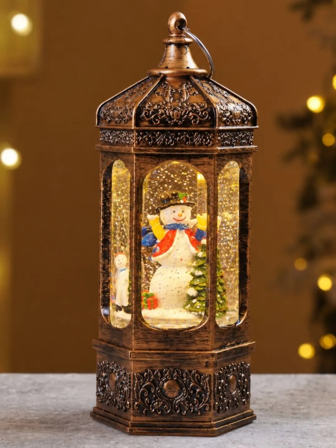 Snowman Rotating Antique Lantern with Musical Glitter Water and Lights, Christmas Home Décor