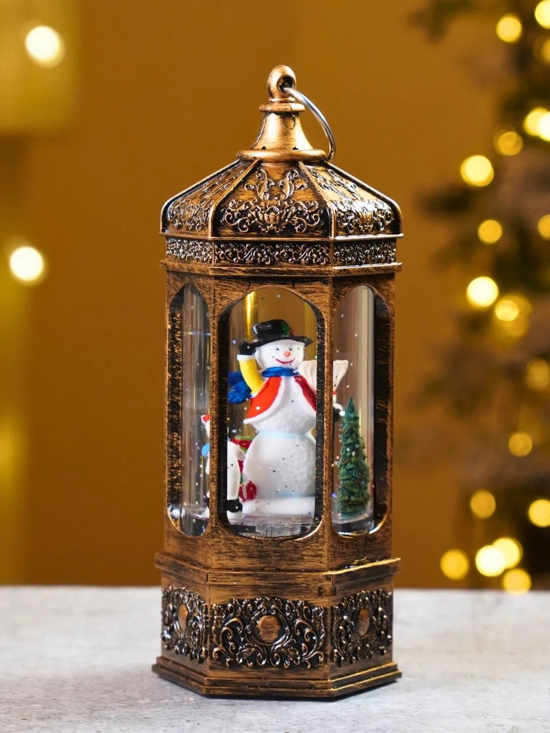 Snowman Rotating Antique Lantern with Musical Glitter Water and Lights, Christmas Home Décor