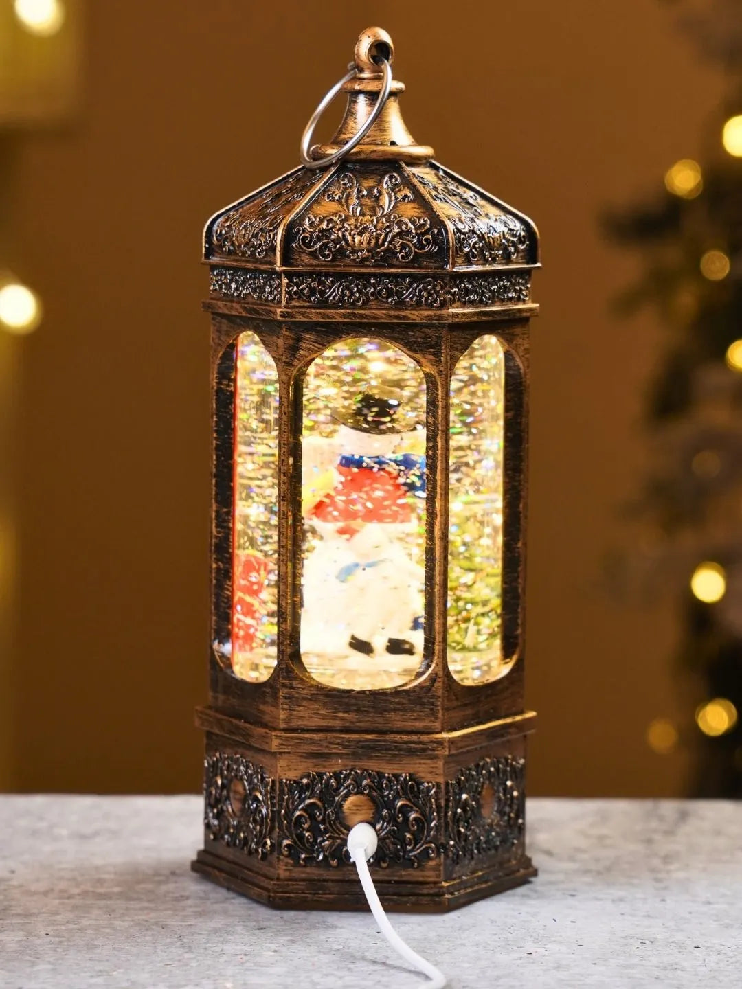 Snowman Rotating Antique Lantern with Musical Glitter Water and Lights, Christmas Home Décor