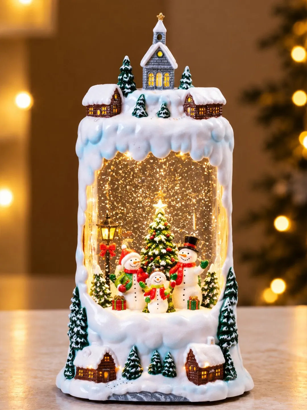 Snowman Family Snowy Village, with Musical Glitter Water and Lights, Christmas Home Décor