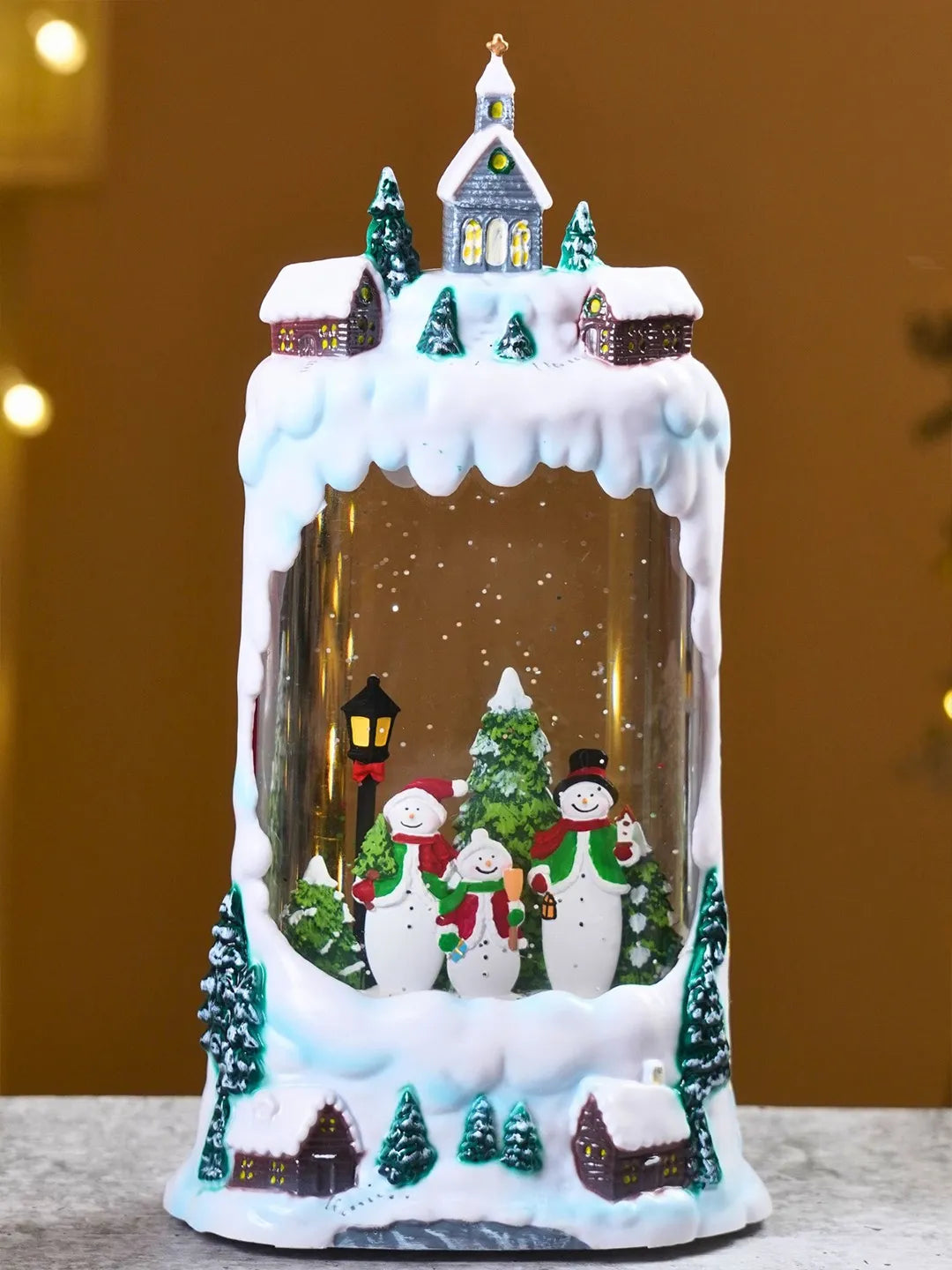 Snowman Family Snowy Village, with Musical Glitter Water and Lights, Christmas Home Décor