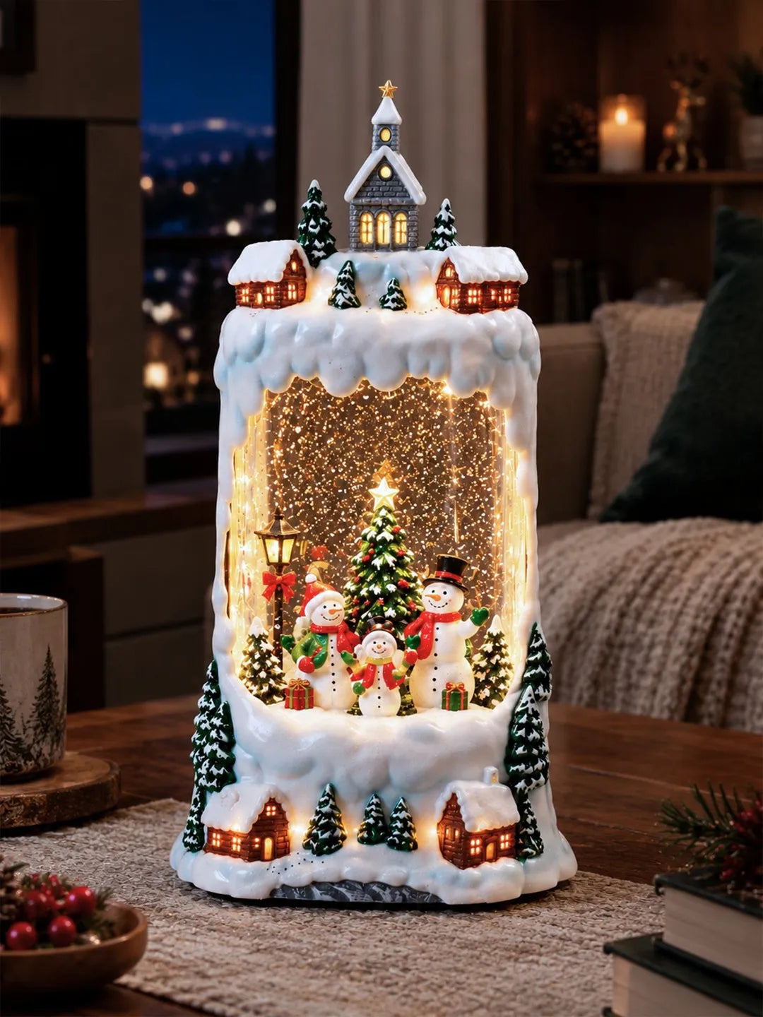 Snowman Family Snowy Village, with Musical Glitter Water and Lights, Christmas Home Décor