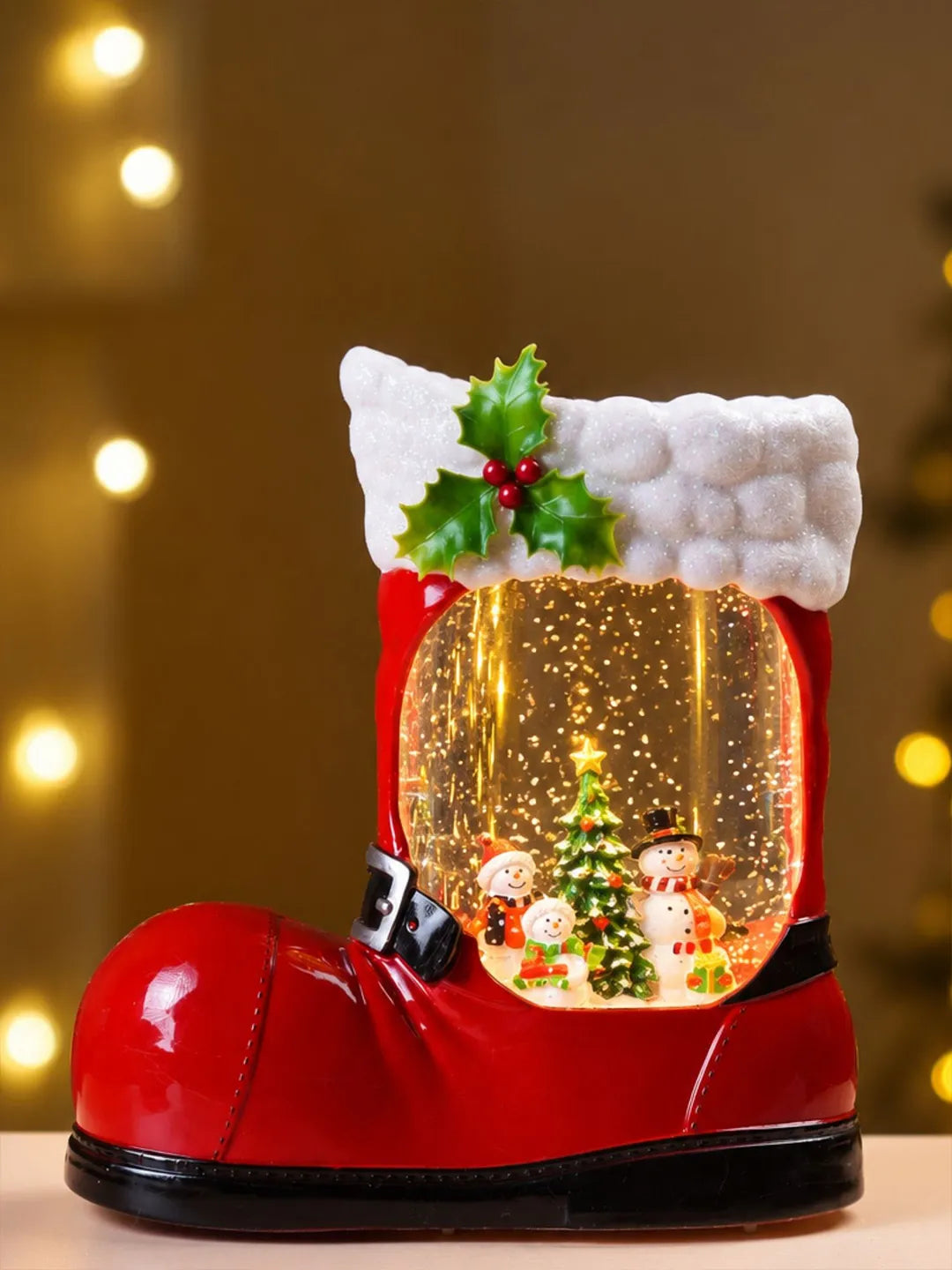 Snowmen Xmas Tree Red Boot with Musical Glitter Water Lights, Christmas Home Décor