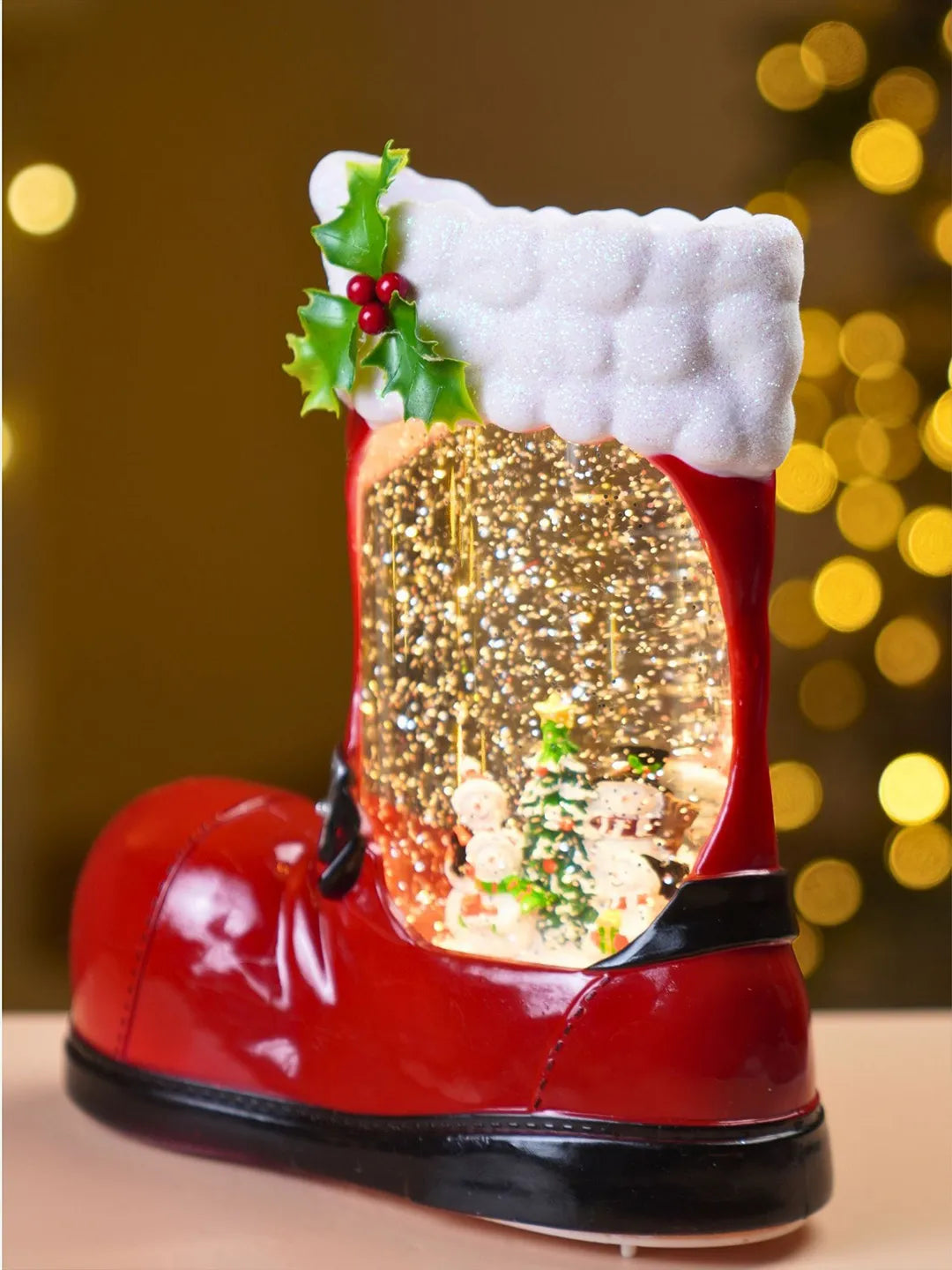 Snowmen Xmas Tree Red Boot with Musical Glitter Water Lights, Christmas Home Décor