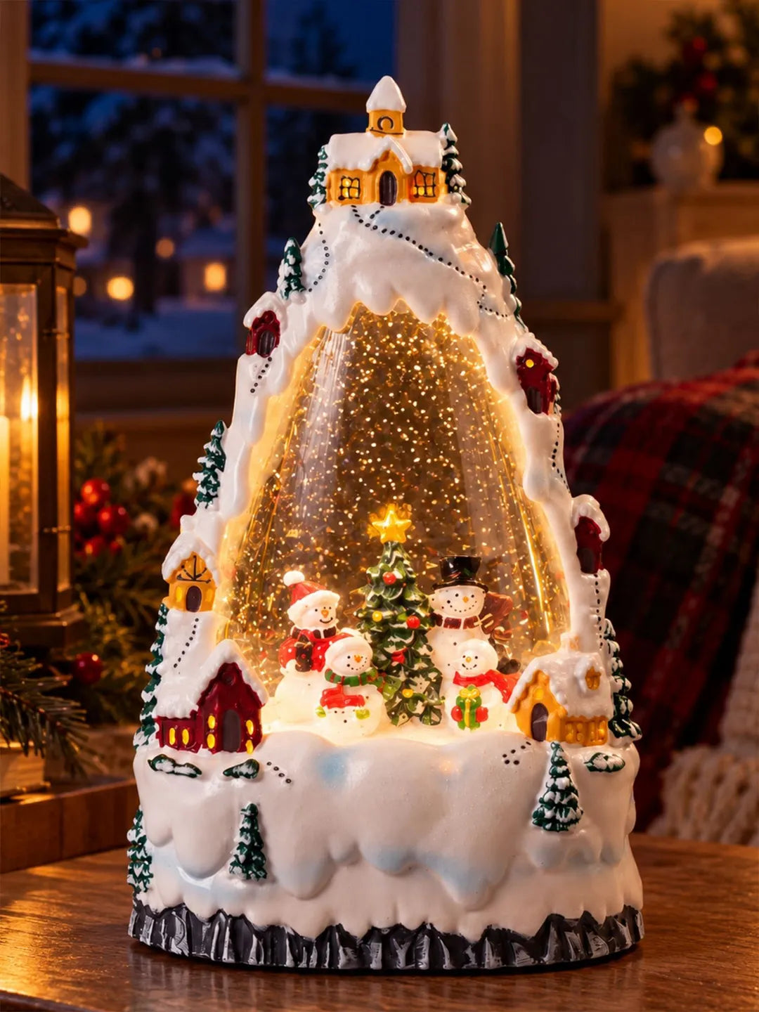 Snowman White Christmas Village, with Musical Glitter Water and Lights, Christmas Home Décor