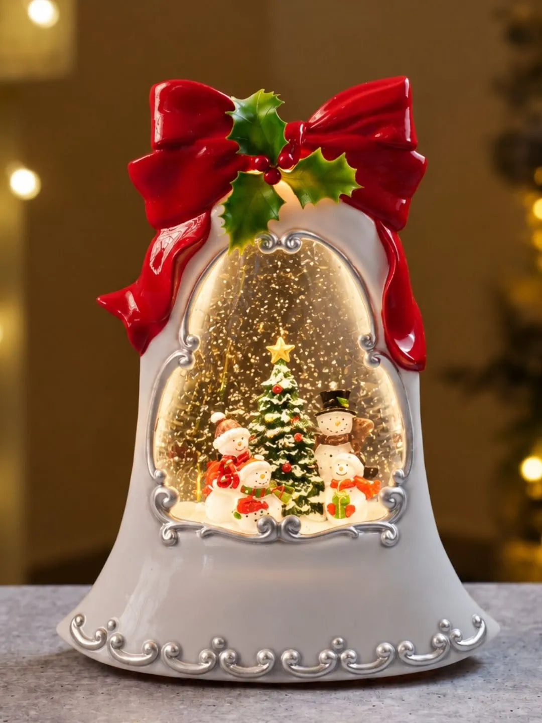 Snowman Family White Bell, with Musical Glitter Water and Lights, Christmas Home Décor