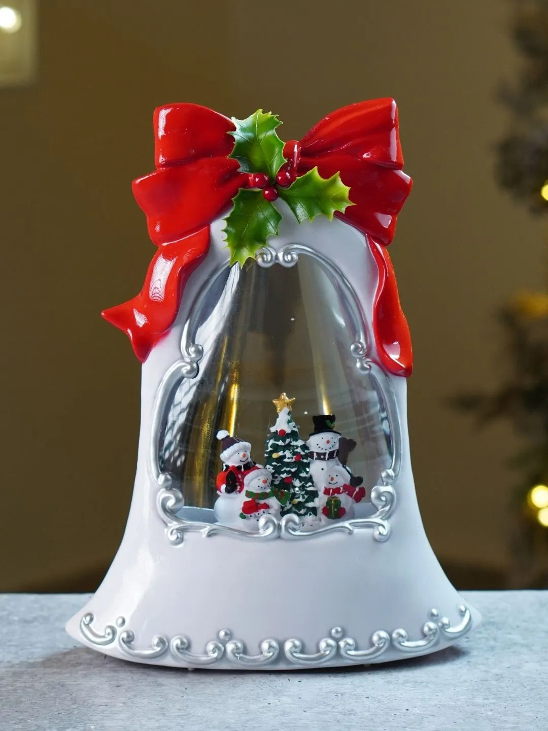 Snowman Family White Bell, with Musical Glitter Water and Lights, Christmas Home Décor