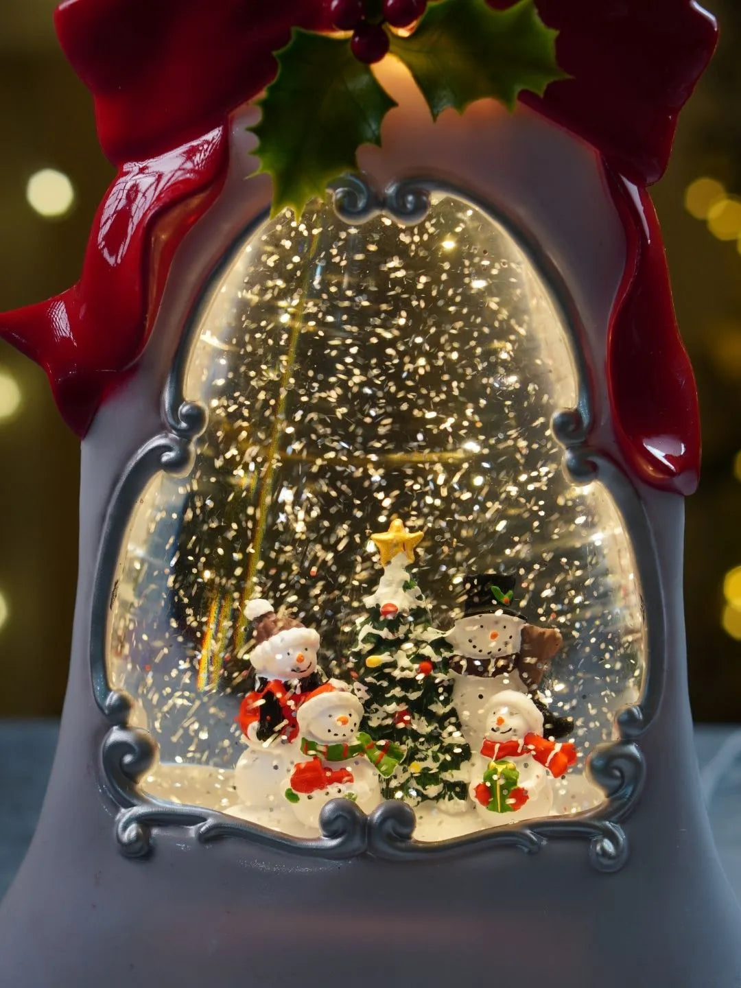 Snowman Family White Bell, with Musical Glitter Water and Lights, Christmas Home Décor