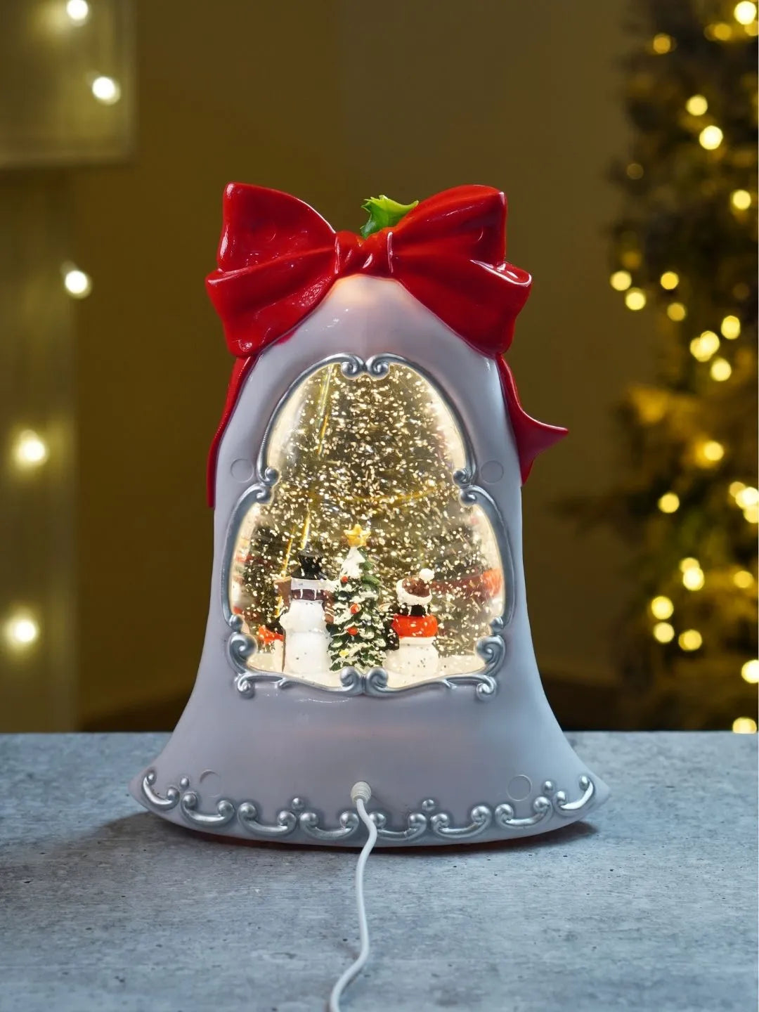 Snowman Family White Bell, with Musical Glitter Water and Lights, Christmas Home Décor