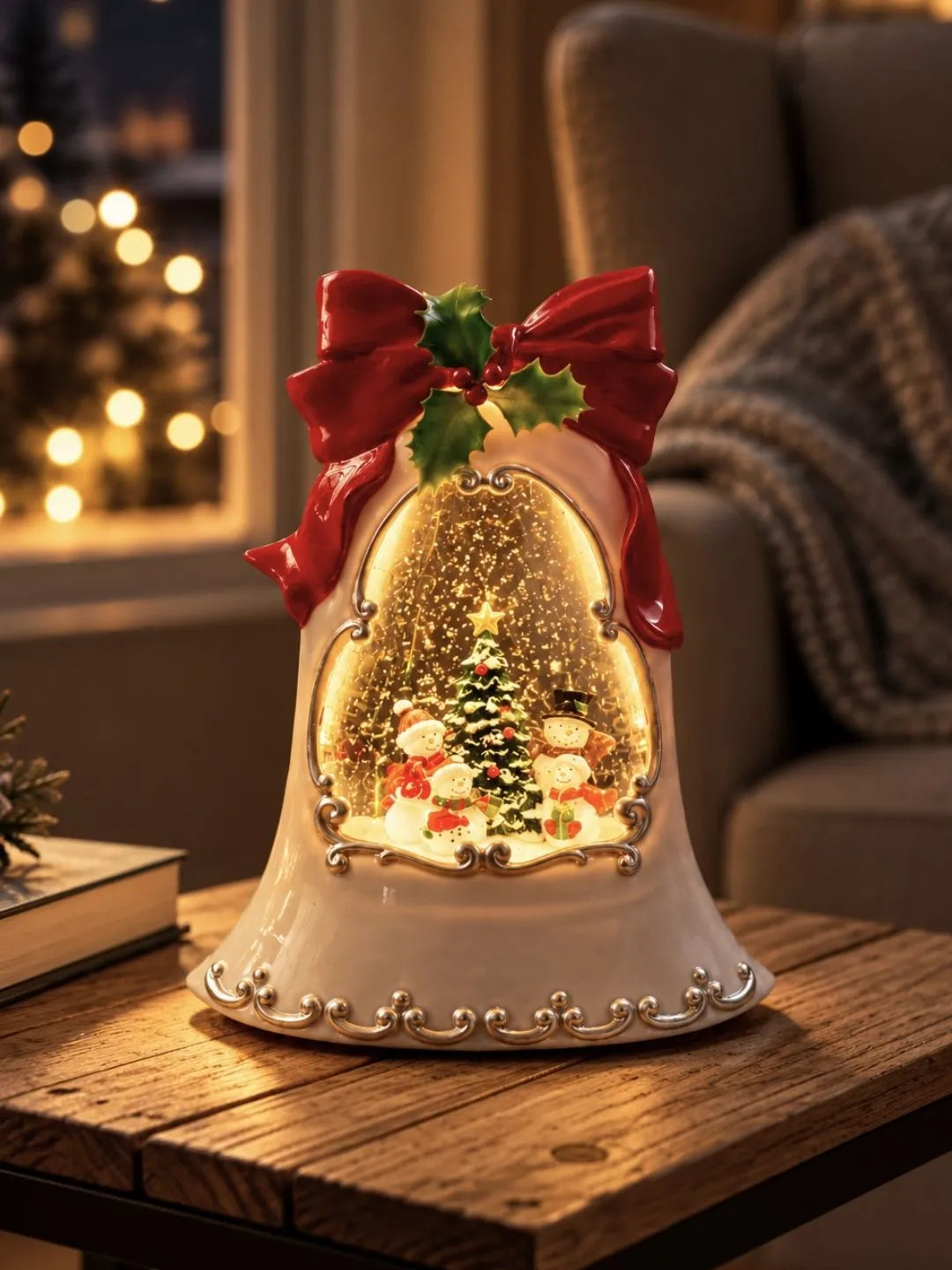 Snowman Family White Bell, with Musical Glitter Water and Lights, Christmas Home Décor
