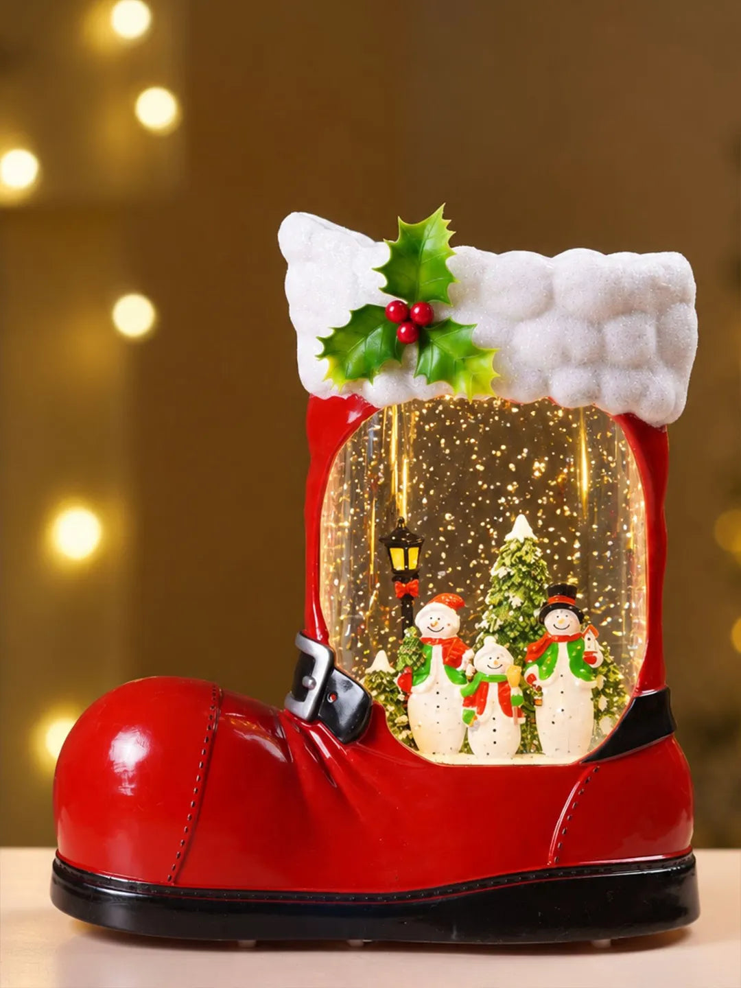 Snowmen Red Boot with Musical Glitter Water and Lights, Christmas Home Décor