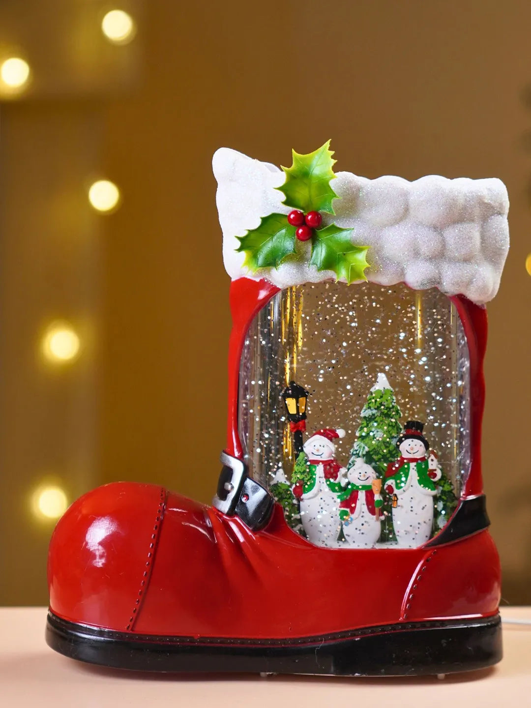 Snowmen Red Boot with Musical Glitter Water and Lights, Christmas Home Décor