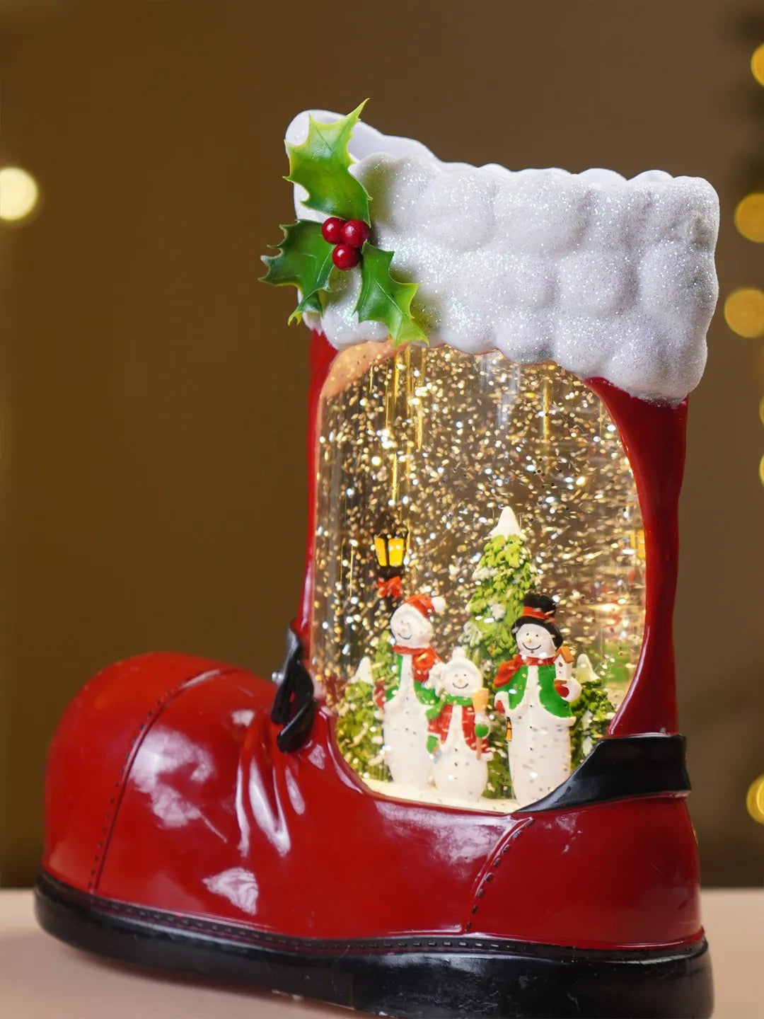 Snowmen Red Boot with Musical Glitter Water and Lights, Christmas Home Décor