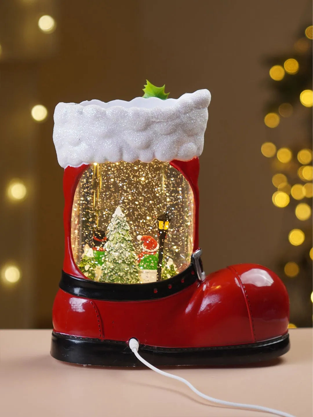 Snowmen Red Boot with Musical Glitter Water and Lights, Christmas Home Décor