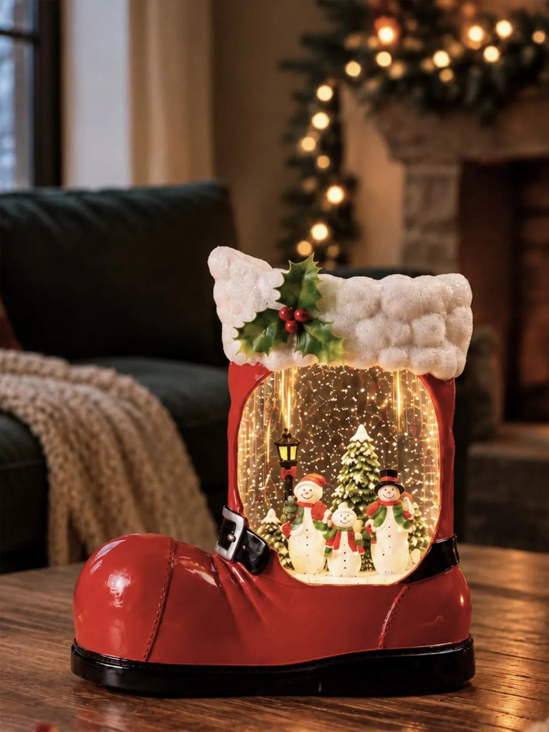 Snowmen Red Boot with Musical Glitter Water and Lights, Christmas Home Décor