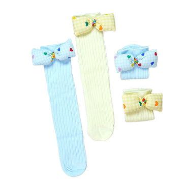 2 pcs set of Blue & Yellow, Mini Hearts 3d Bow Socks for Kids (2 Pairs sets)