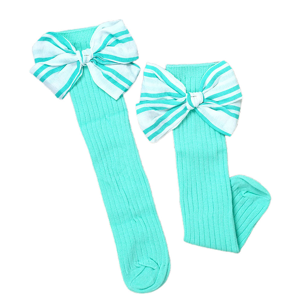 Mint Green White Striped 3d Big Bow Socks for Kids .