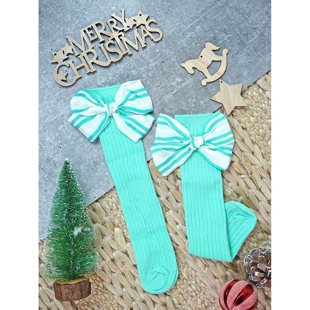 Mint Green White Striped 3d Big Bow Socks for Kids .