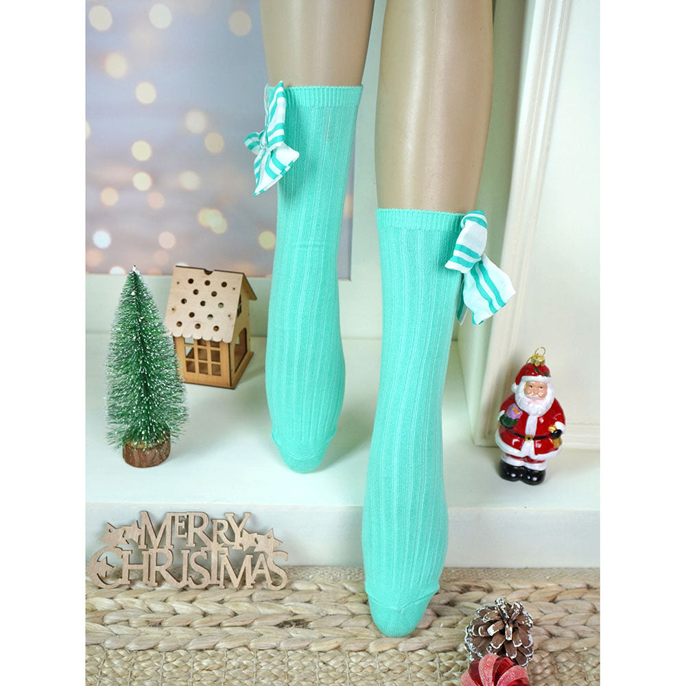 Mint Green White Striped 3d Big Bow Socks for Kids .