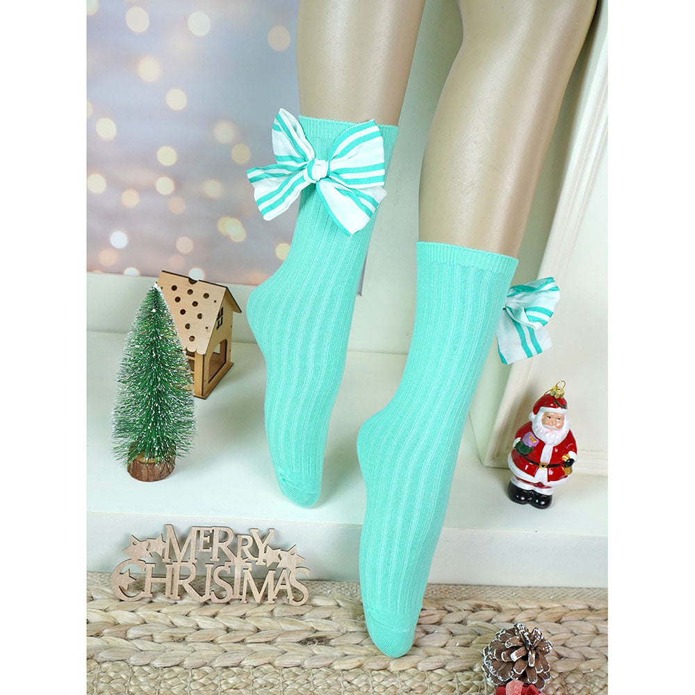 Mint Green White Striped 3d Big Bow Socks for Kids .