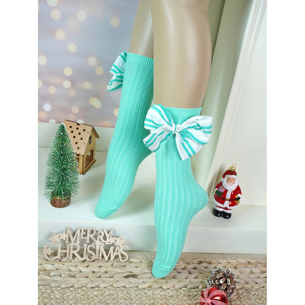 Mint Green White Striped 3d Big Bow Socks for Kids .