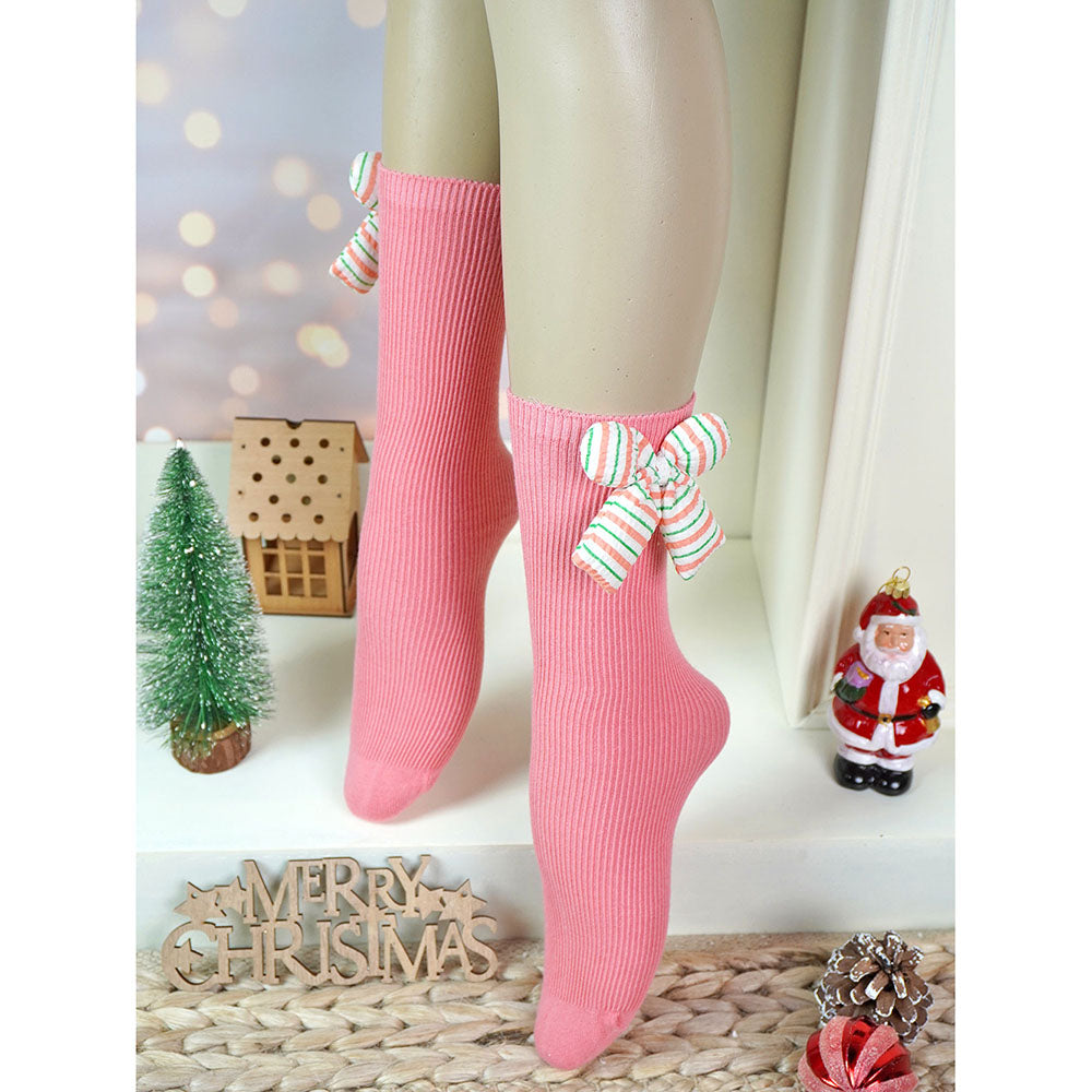 Pink 3d Ribbed Bow Socks for Kids