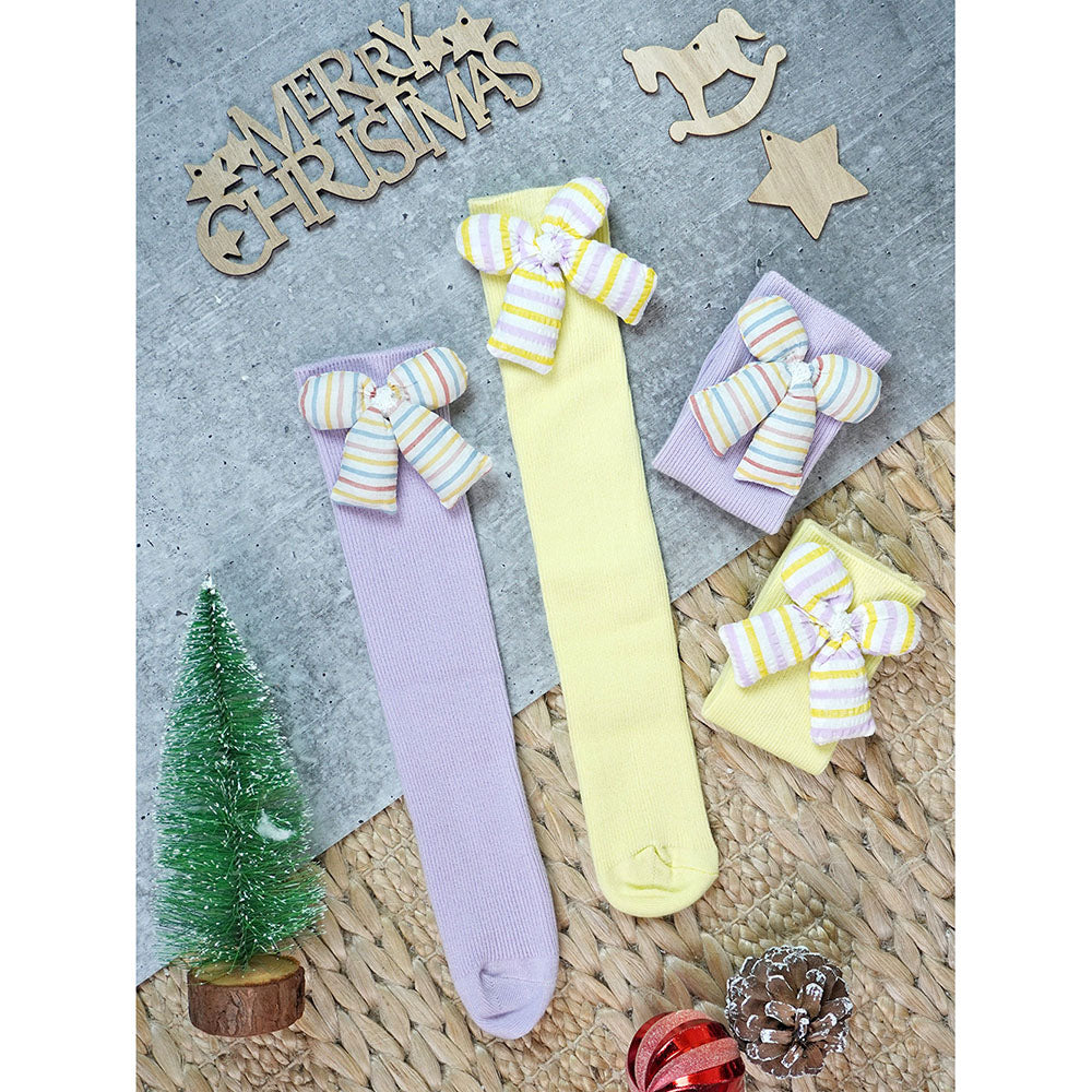 2 pcs set of Yellow & Purple, 3d  ribbed Bow Socks for Kids (2 Pairs sets)