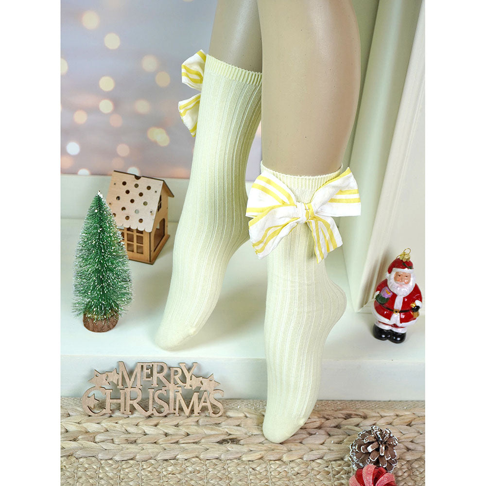 Lemon Yellow Striped 3d Big Bow Socks for Kids