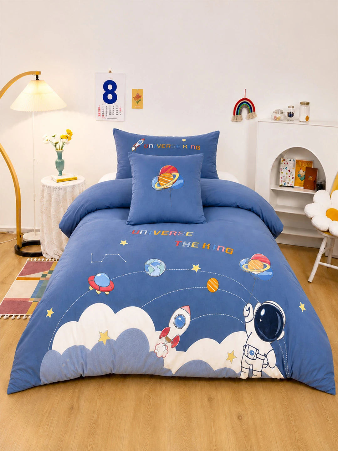 4 pcs Space theme, Luxe Embroidered collection of Single bed comforter, 1 flat bedsheet, 2 pillow covers entire Bedding Set for Single Size Bed.